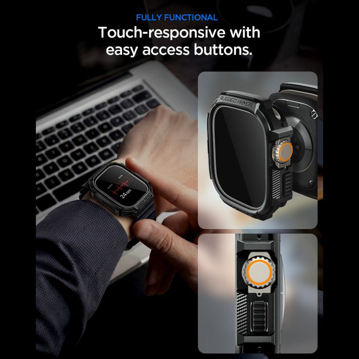 Калъф Spigen Rugged Armor + 9H закалено стъкло за Apple Watch Ultra 49mm - матово черно