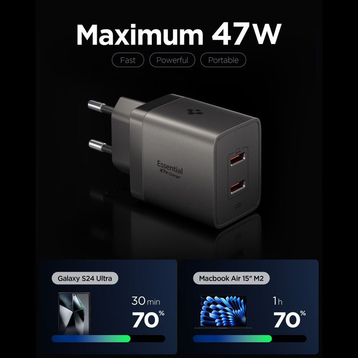 Зарядно за стена Spigen Essential EE472EU-GAN с 2 порта, 47 W - тъмносиво