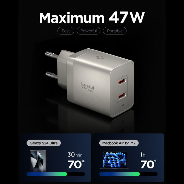 Зарядно за стена Spigen Essential EE472EU-GAN с 2 порта, 47W - титаниево