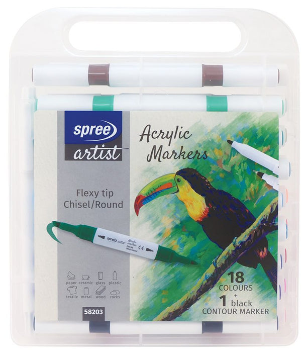Акрилни маркери Spree Artist - Flexy Chisel, 18 цвята + 1 контурен