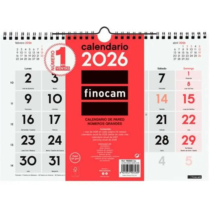 Стенен календар Finocam A4 хартия 2026 30 x 21 cm