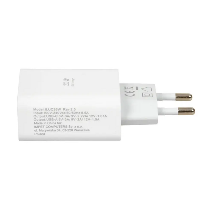 Стенно зарядно iBOX C-36 GaN PD20W бяло