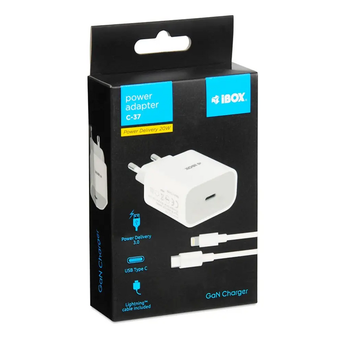 Стенно зарядно iBOX C-37 GaN PD20W бяло