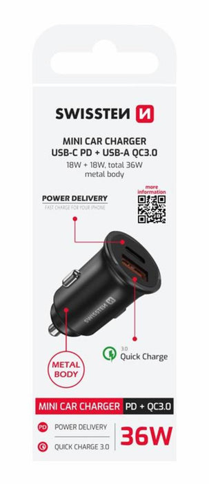 ЗАРЯДНО ЗА АВТОМОБИЛ 36W BLACK SWISSTEN