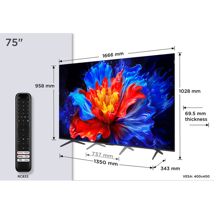 Телевизор TCL 75QLED810K 4K Ultra HD QLED SMART TV, GOOGLE TV, 75.0 ", 189.0 см