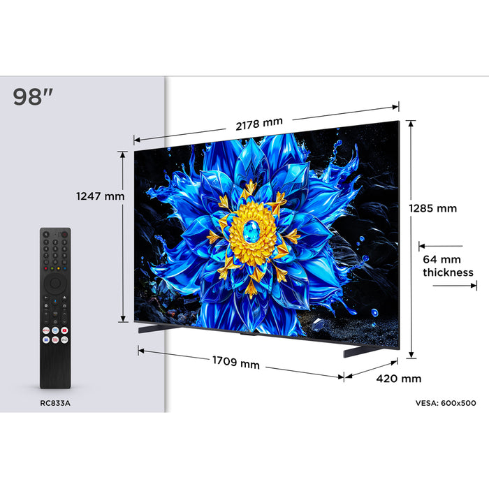 Телевизор TCL 98P8L 4K ULTRA HD QD-Mini LED SMART TV, GOOGLE TV, 98.0 ", 248.0 см