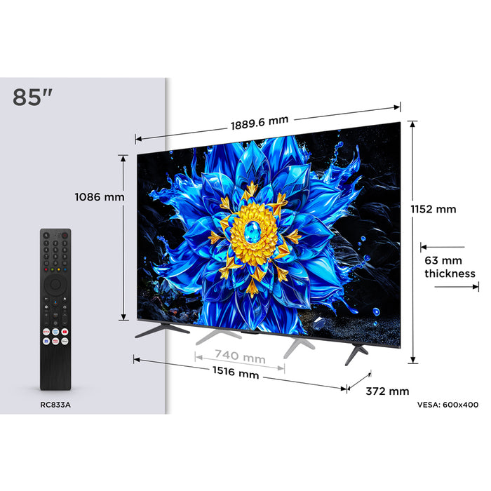 TCL P8L 85P8L телевизор 2.16 м (85") 4K Ultra HD Smart TV Wi-Fi Черен 450 cd/m²