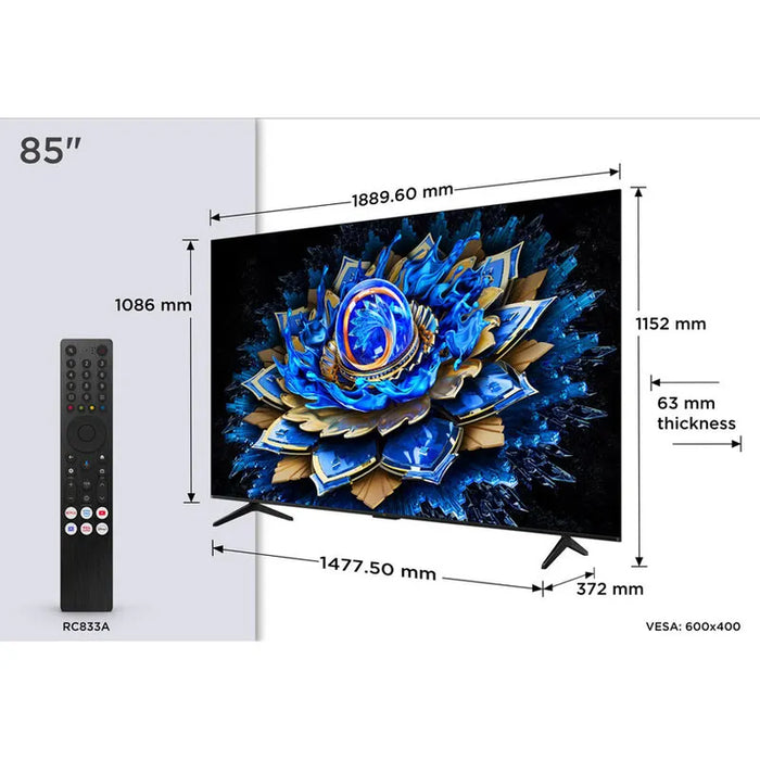 Телевизор TCL 85T69C , 215 см, 3840x2160 UHD-4K , 85 inch, Android , QLED