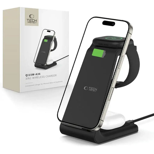 Tech-Protect QI15W-A36 3в1 зарядна станция за Apple - черна
