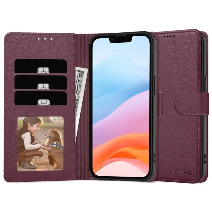 Tech-Protect Wallet Case за iPhone 16e - бордо