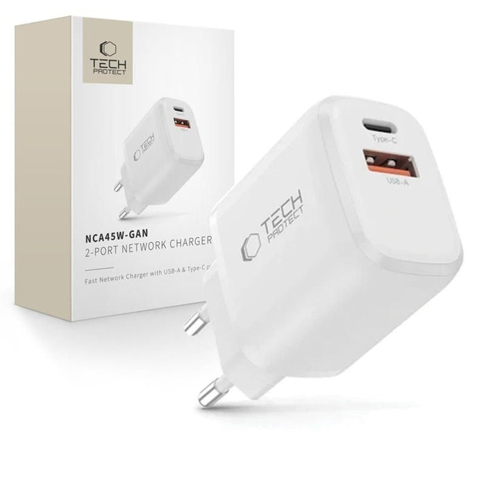 Зарядно за стена Tech-Protect NCA45W-GAN с 2 порта USB-C / USB-A 45W - бяло