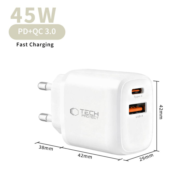 Зарядно за стена Tech-Protect NCA45W-GAN с 2 порта USB-C / USB-A 45W - бяло