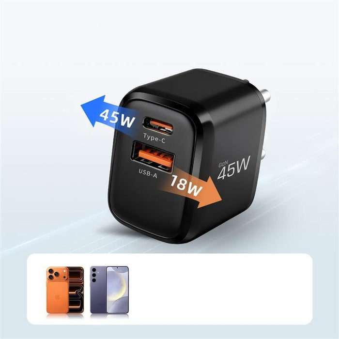 Зарядно за стена Tech-Protect NCA45W-GAN с 2 порта USB-C / USB-A 45W - черно