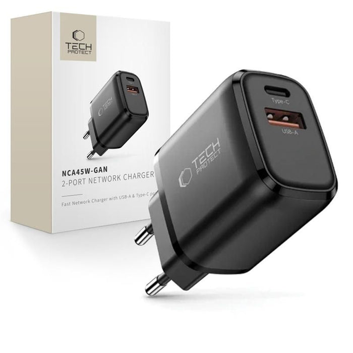 Зарядно за стена Tech-Protect NCA45W-GAN с 2 порта USB-C / USB-A 45W - черно