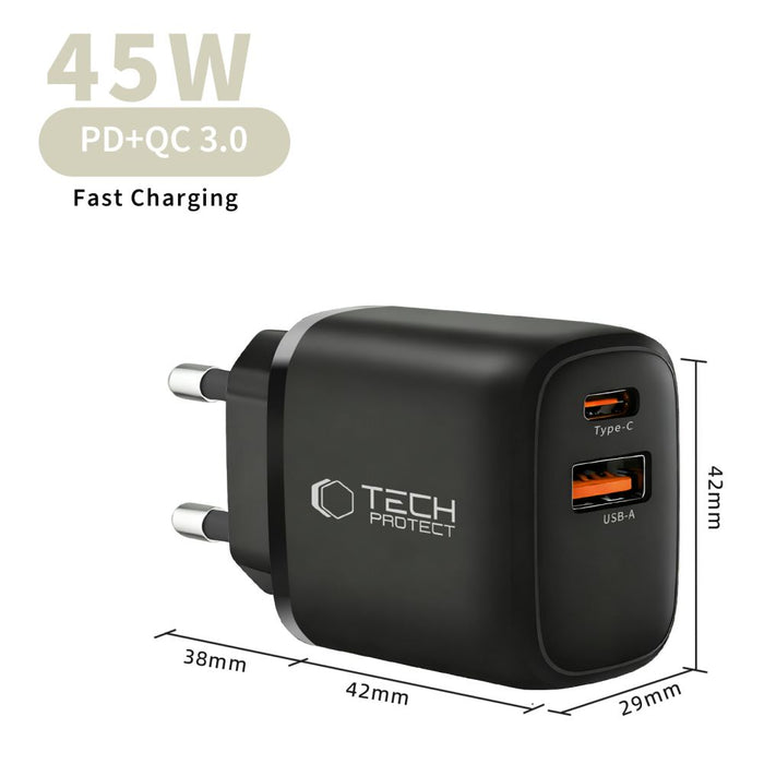 Зарядно за стена Tech-Protect NCA45W-GAN с 2 порта USB-C / USB-A 45W - черно