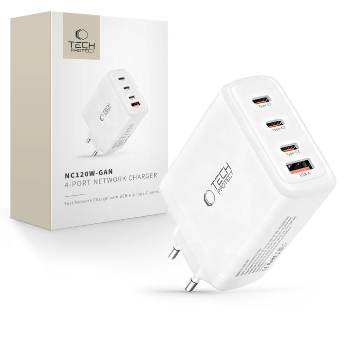 Tech-Protect NC120W-GAN 4-портово 120W зарядно за стена - бяло