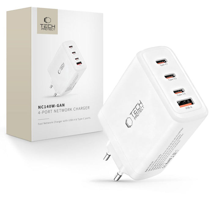 Tech-Protect NC140W-GAN 4-портово 140W зарядно за стена - бяло