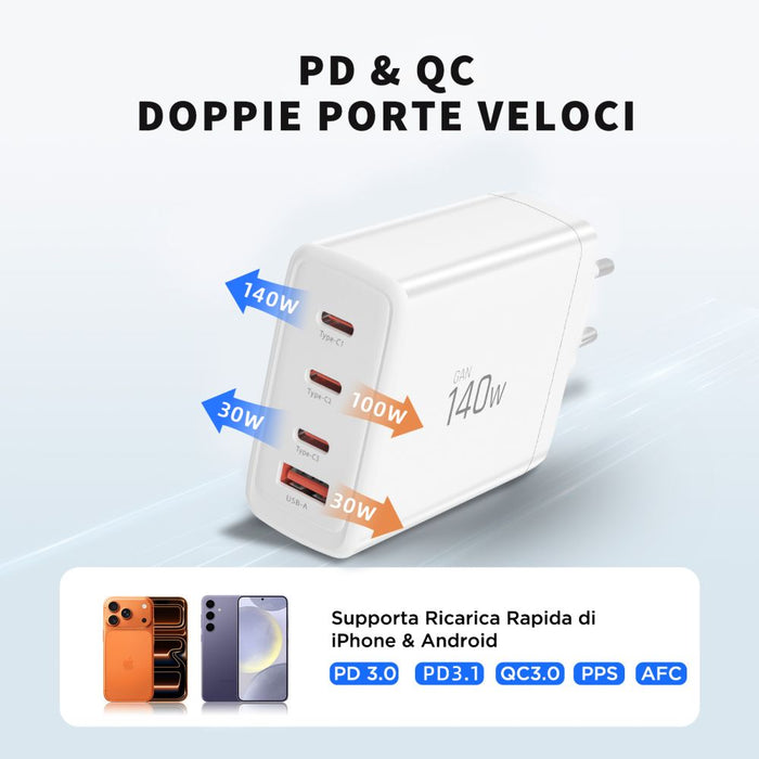 Tech-Protect NC140W-GAN 4-портово 140W зарядно за стена - бяло