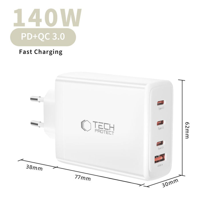 Tech-Protect NC140W-GAN 4-портово 140W зарядно за стена - бяло