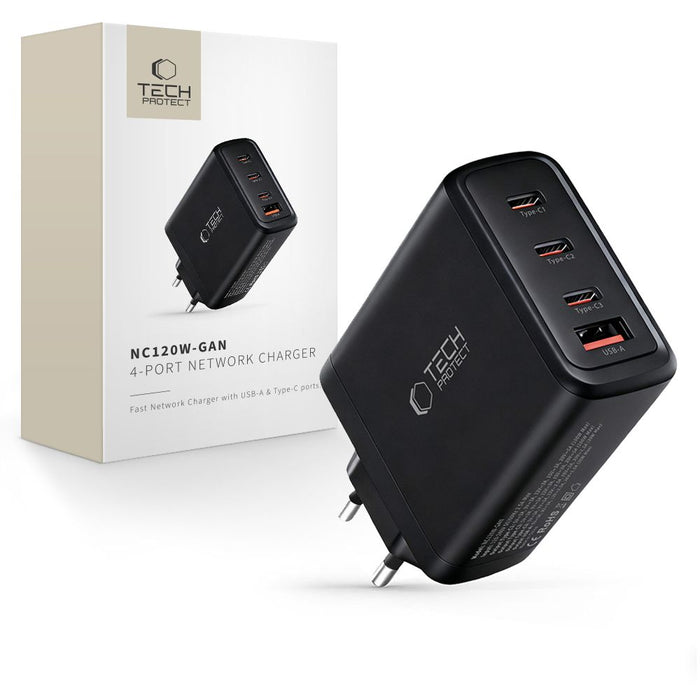 Tech-Protect NC120W-GAN 4-портово 120W зарядно за стена - черно