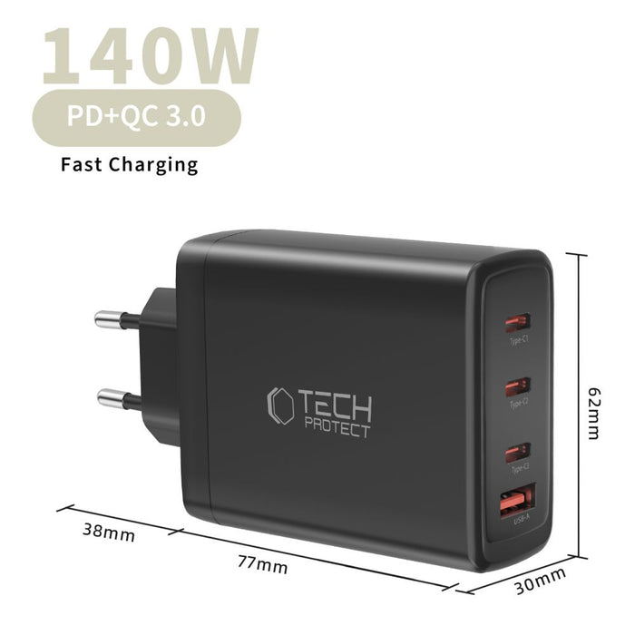 Tech-Protect NC140W-GAN 4-портово 140W зарядно за стена - черно