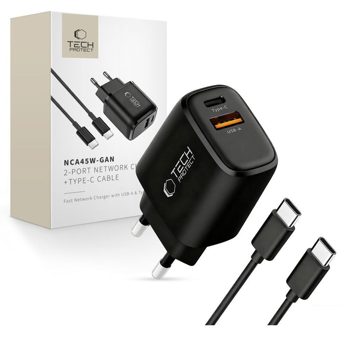 Зарядно за стена Tech-Protect NCA45W-GAN с 2 порта 45W и USB-C кабел - черно