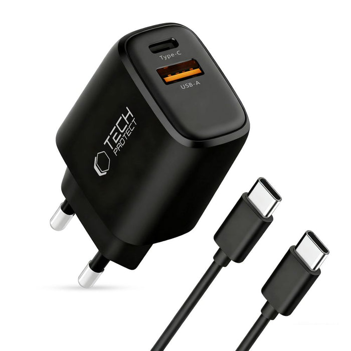 Зарядно за стена Tech-Protect NCA45W-GAN с 2 порта 45W и USB-C кабел - черно
