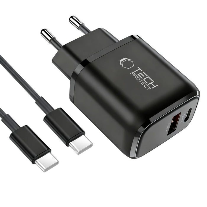 Зарядно за стена Tech-Protect NCA45W-GAN с 2 порта 45W и USB-C кабел - черно