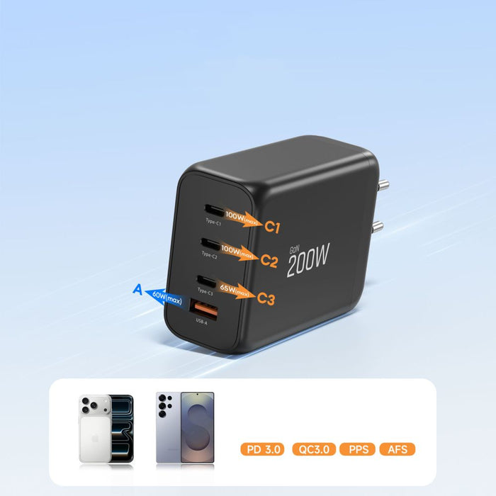 Tech-Protect NC200W-GaN 4-портово 200W зарядно за стена - черно