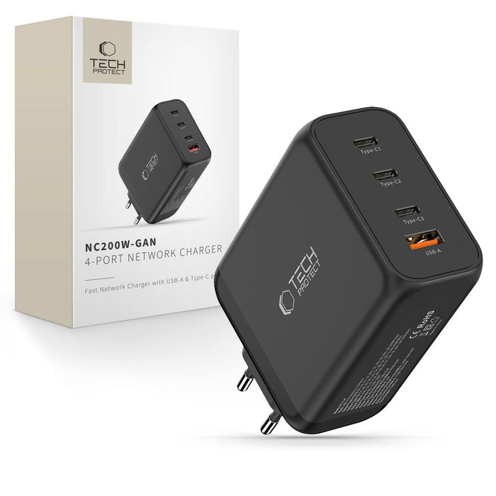 Tech-Protect NC200W-GaN 4-портово 200W зарядно за стена - черно