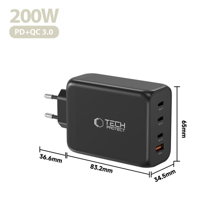 Tech-Protect NC200W-GaN 4-портово 200W зарядно за стена - черно