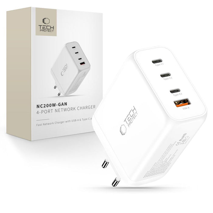 Tech-Protect NC200W-GaN 4-портово 200W зарядно за стена - бяло