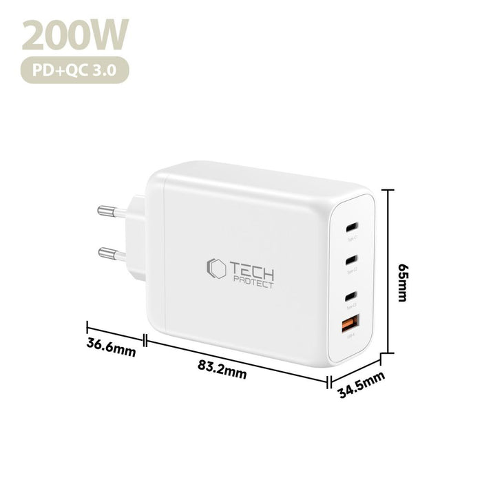 Tech-Protect NC200W-GaN 4-портово 200W зарядно за стена - бяло