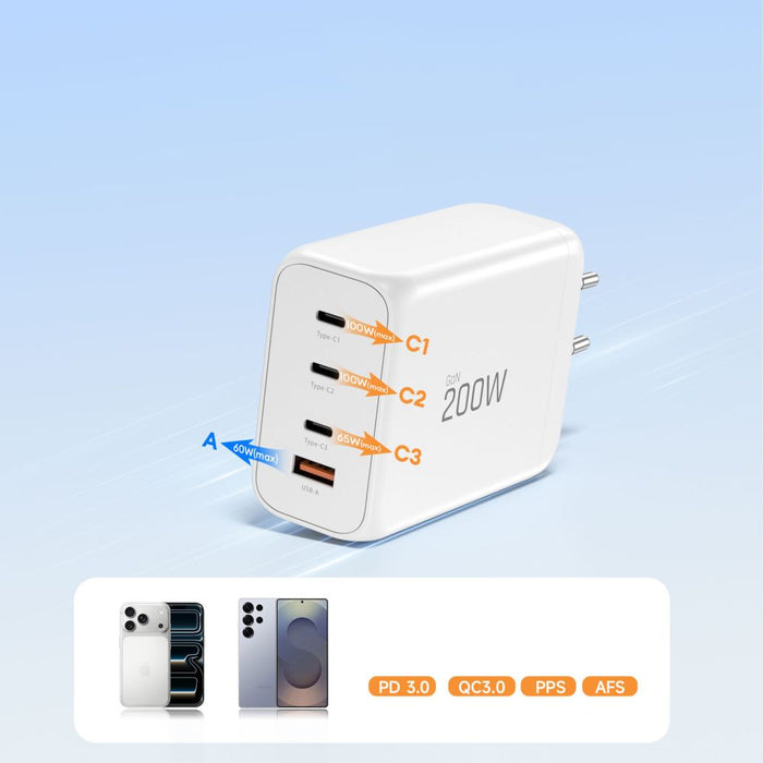 Tech-Protect NC200W-GaN 4-портово 200W зарядно за стена - бяло