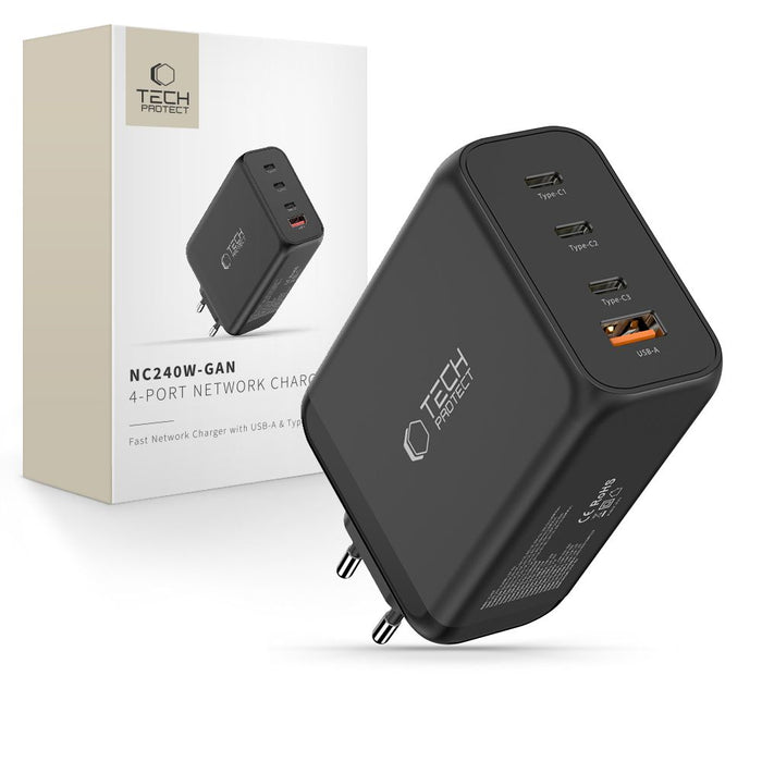 Tech-Protect NC240W-GaN 4-портово 240W зарядно за стена - черно