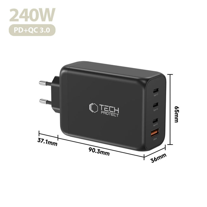 Tech-Protect NC240W-GaN 4-портово 240W зарядно за стена - черно