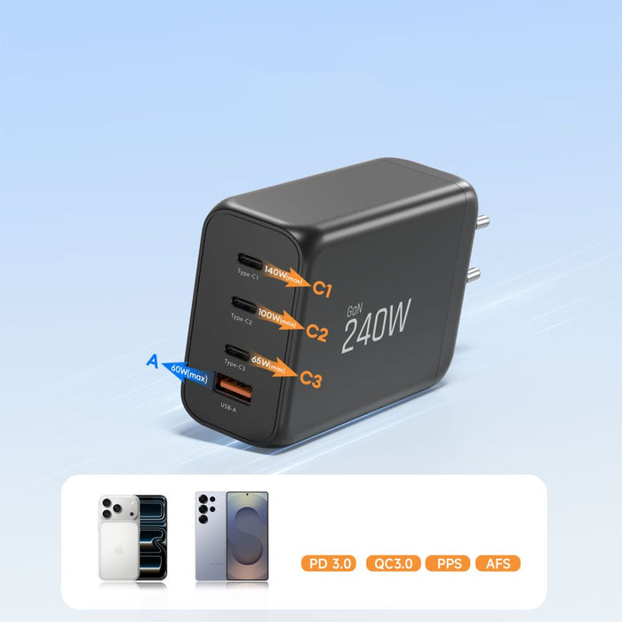 Tech-Protect NC240W-GaN 4-портово 240W зарядно за стена - черно