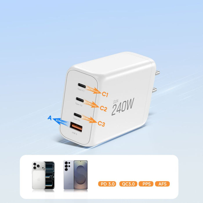 Tech-Protect NC240W-GaN 4-портово 240W зарядно за стена - бяло