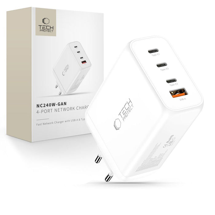 Tech-Protect NC240W-GaN 4-портово 240W зарядно за стена - бяло