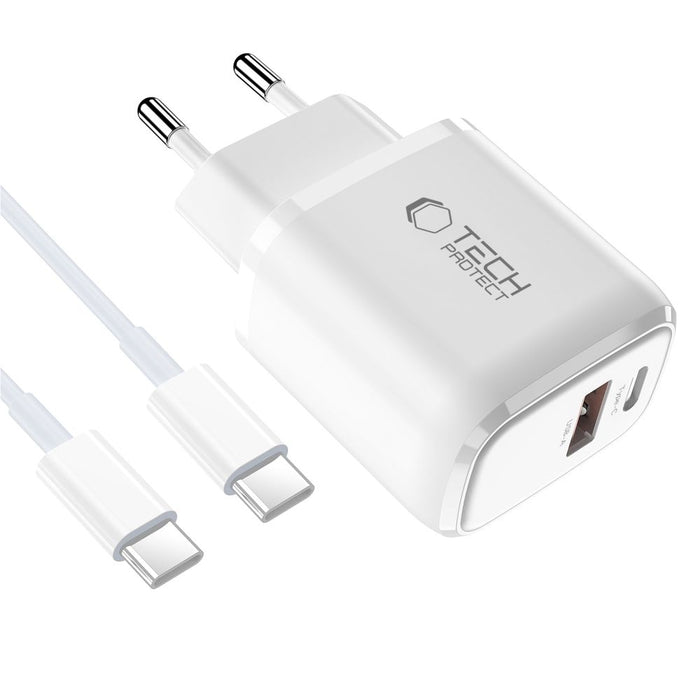 Зарядно за стена Tech-Protect NCA45W-GAN с 2 порта 45W и USB-C кабел - бяло