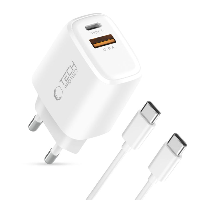 Зарядно за стена Tech-Protect NCA45W-GAN с 2 порта 45W и USB-C кабел - бяло