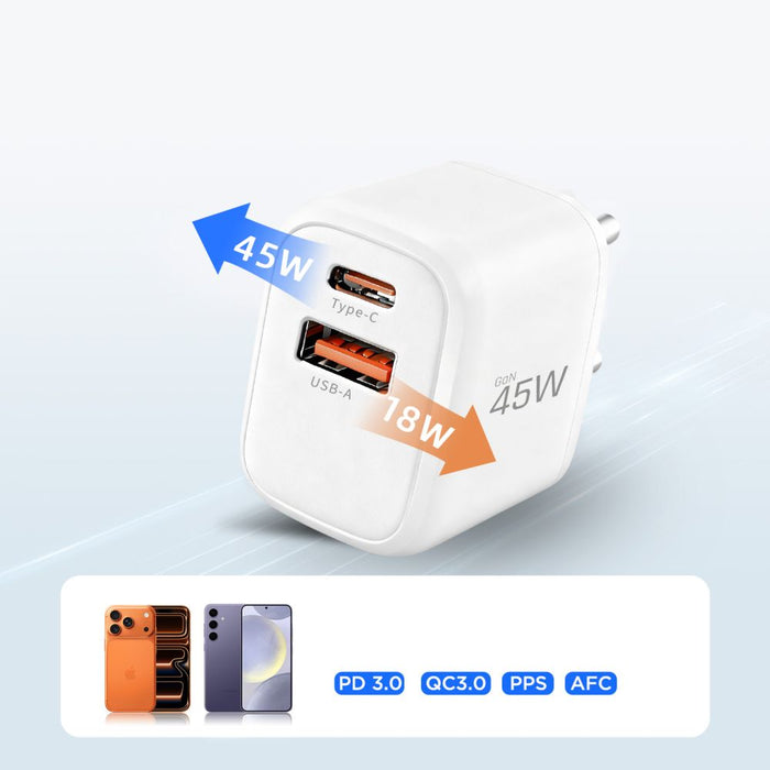 Зарядно за стена Tech-Protect NCA45W-GAN с 2 порта 45W и USB-C кабел - бяло