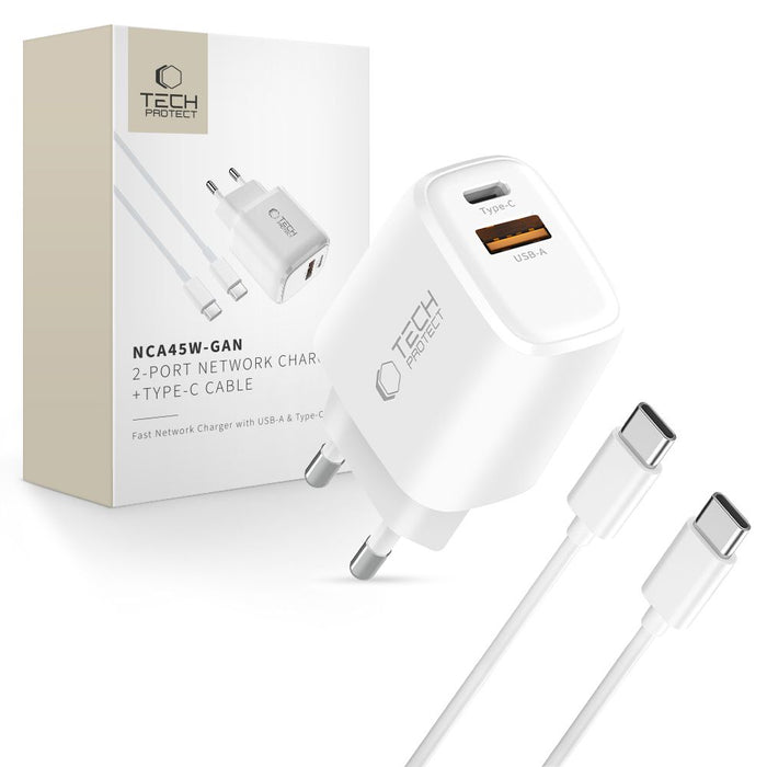 Зарядно за стена Tech-Protect NCA45W-GAN с 2 порта 45W и USB-C кабел - бяло