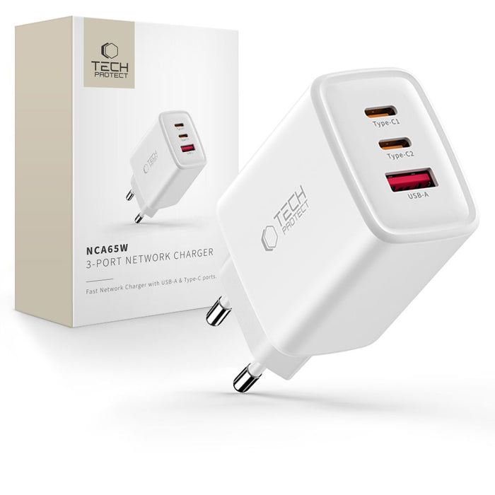 Tech-Protect NCA65W-GAN 3-портово 65W зарядно за стена - бяло