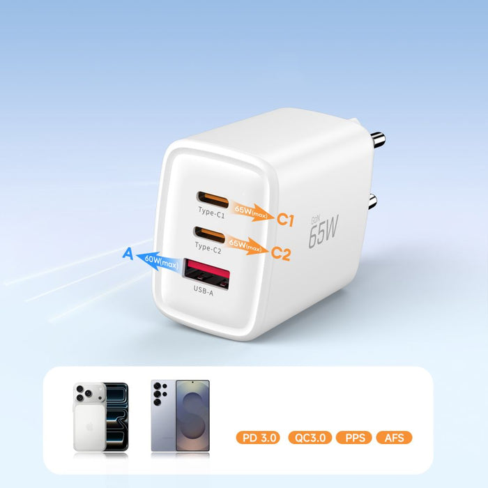 Tech-Protect NCA65W-GAN 3-портово 65W зарядно за стена - бяло
