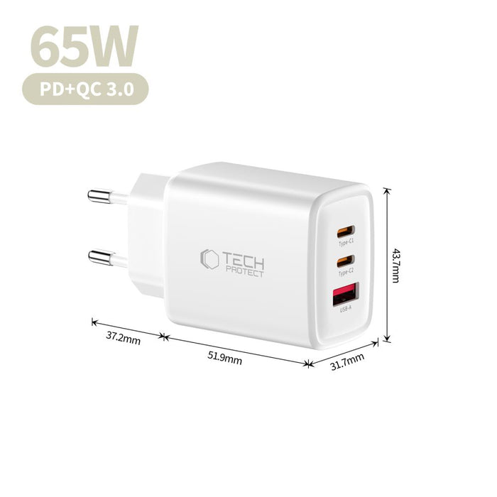 Tech-Protect NCA65W-GAN 3-портово 65W зарядно за стена - бяло