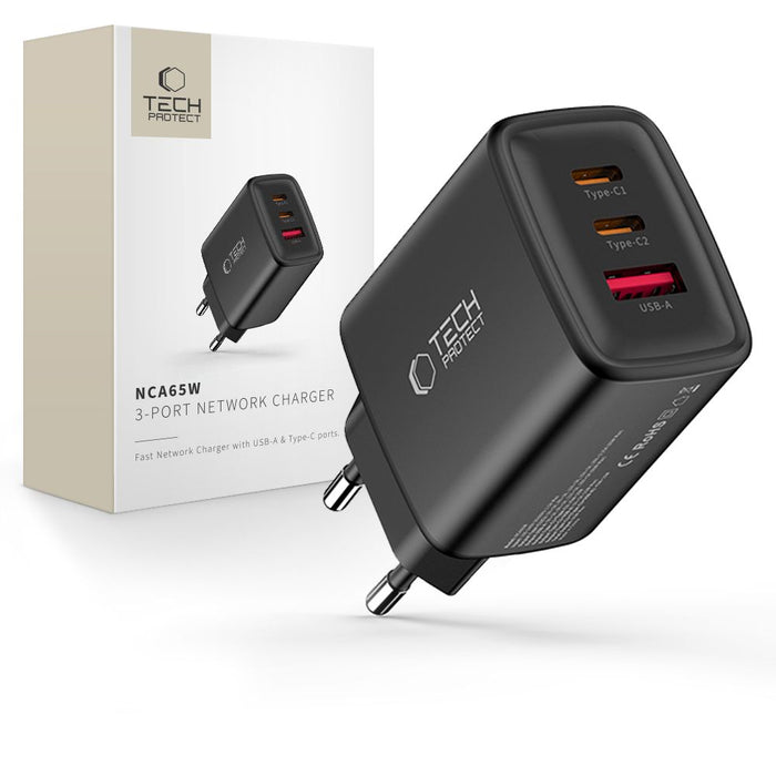 Tech-Protect NCA65W-GAN 3-портово 65W зарядно за стена - черно