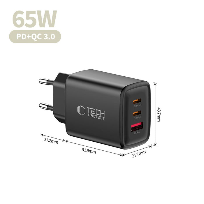 Tech-Protect NCA65W-GAN 3-портово 65W зарядно за стена - черно