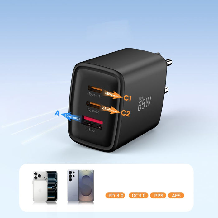 Tech-Protect NCA65W-GAN 3-портово 65W зарядно за стена - черно