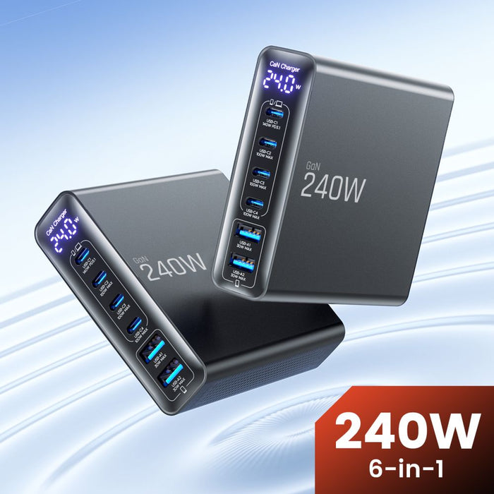 Зарядна станция Tech-Protect DC240W-GaN, 6 порта, 4 x USB-C, 2 x USB-A, 240W QC3.0 - Черна